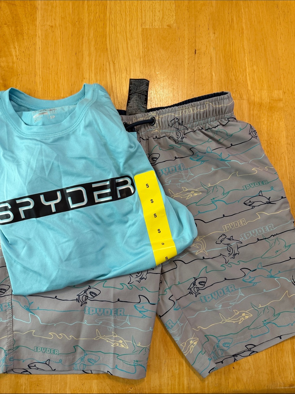 Spyder Boys Aqua Rash Tee with Gray Shark-Print Swim Trunks